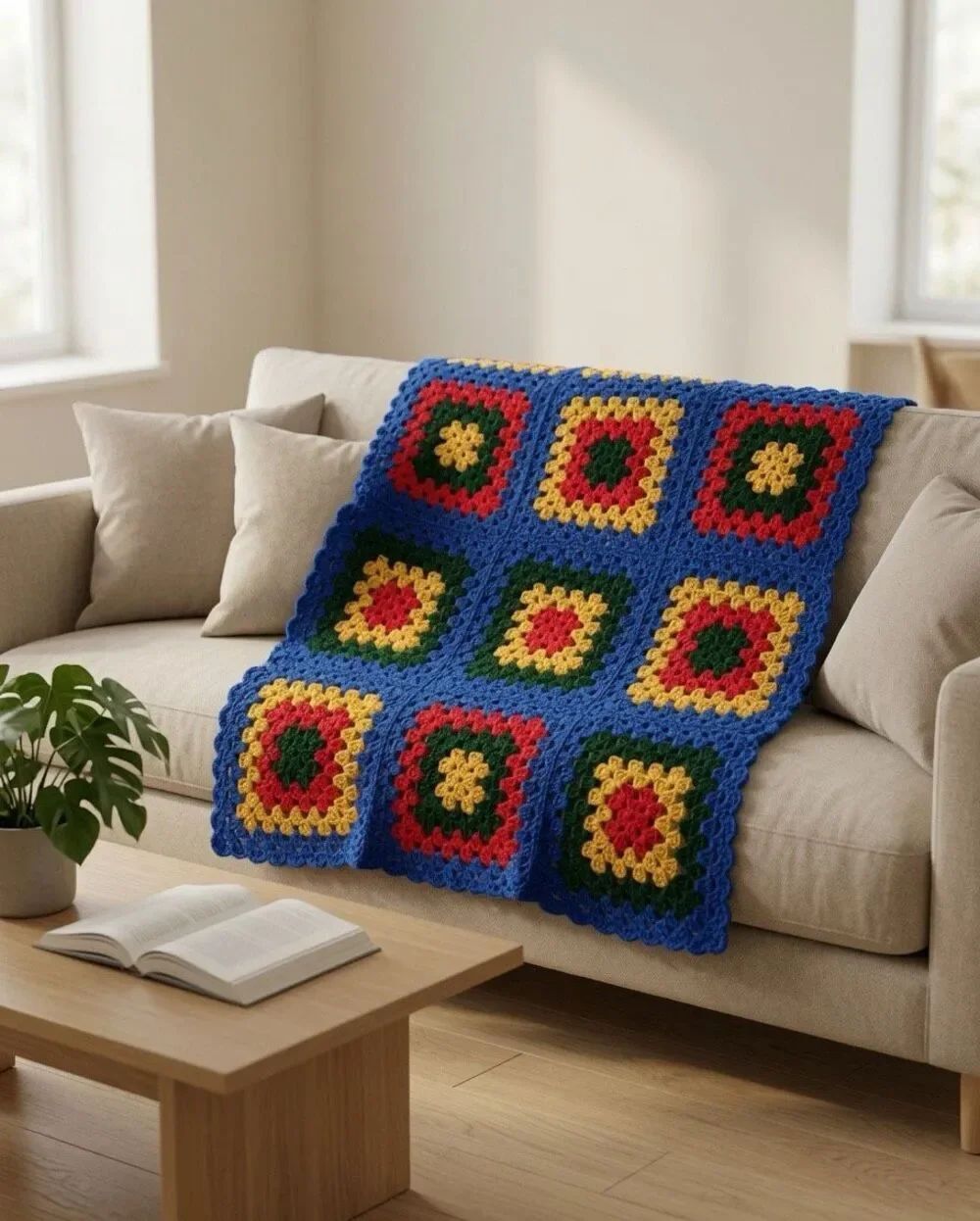 Afghan Crochet Square Blue Gold Red Blanket Throw Grandmacore Granny 37”x 37”